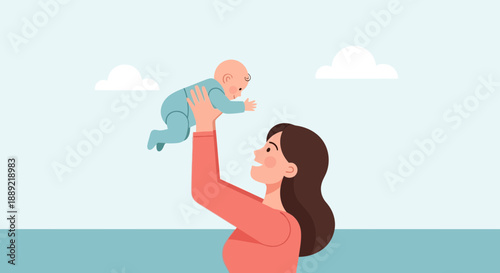 Mother playfully tossing her baby in the air with a joyful expression.