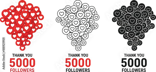 A graphic design celebrating 5000 followers on social media with heart symbols