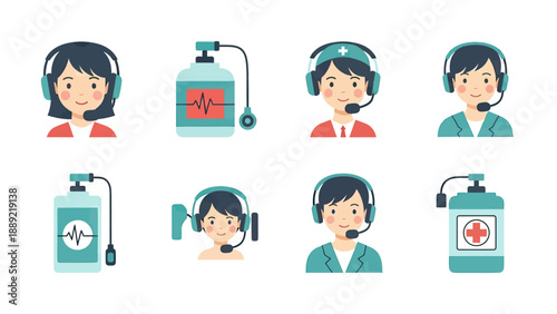 Medical Call Center Icons: People with Headsets and Health Monitors