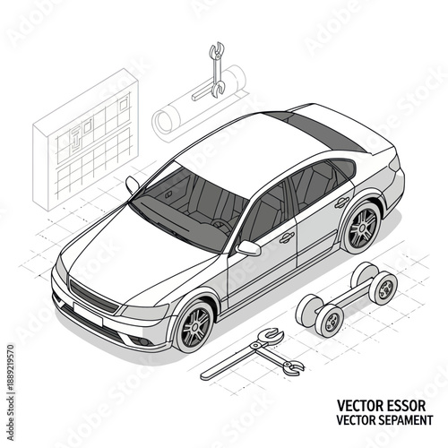 Car Repair Illustration with Tools and Wheels.