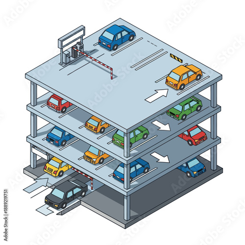 Multilevel Car Park with Vehicles Inside.
