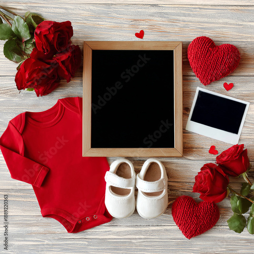 Heartfelt Baby Announcement with Red Onesie and Roses