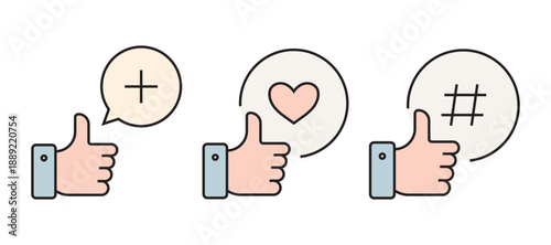 Clean flat outline icon set featuring thumbs up and “like” symbols in various contexts such as users, social media, web, notifications, settings, approval, rating, and feedback. Perfect for UI, UX.