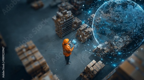 Wallpaper Mural Worker inspects stock with digital globe overlayed in large warehouse Torontodigital.ca