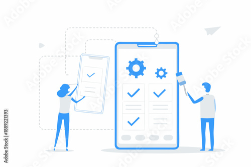 Teamwork and technology people collaborating with a smartphone and checklists