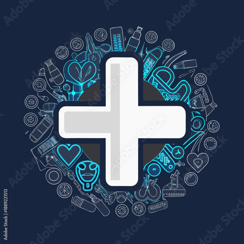 A white medical cross surrounded by various health and wellness icons
