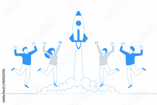 Team celebrating a successful rocket launch with arms raised in excitement