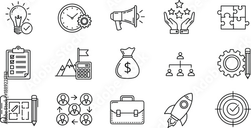 Business icons, productivity symbols, project management tools, strategy visuals, black white illustrations, planning, goals, finance, workflow, innovation