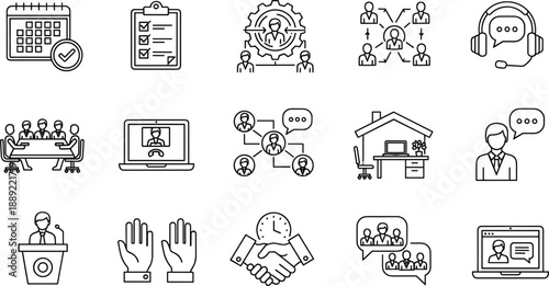 Business icons, remote work symbols, communication tools, team collaboration, virtual meeting, planning visuals, black white icons, workflow, management, support