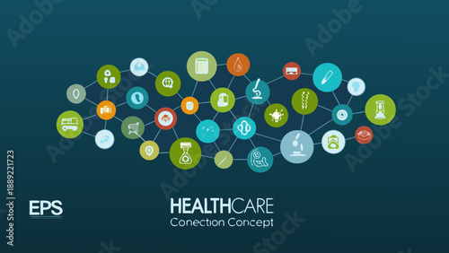 Healthcare connection concept with various medical icons in a network design