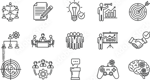 Business icons, strategy symbols, innovation tools, teamwork visuals, goal setting, presentation graphics, black white icons, growth, planning, collaboration