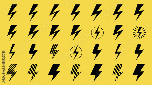 A collection of black lightning bolts and electrical symbols on yellow