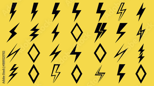 A collection of stylized lightning bolts and diamond shapes on yellow