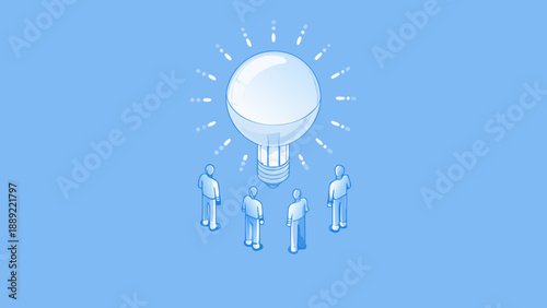 A bright idea surrounded by a team of people in isometric view