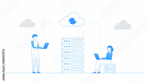 Cloud computing illustration depicting data transfer between users and servers