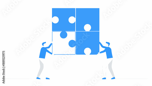 Two figures collaborate to complete a blue puzzle with missing pieces