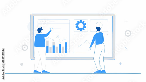 Two people collaborating on a large data analytics dashboard display
