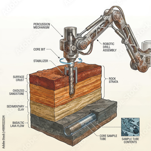 An infographic illustrating a robotic drill assembly taking a core sample from various rock strata. Shows the percussion mechanism, core bit, and sample tube.. Vector illustration