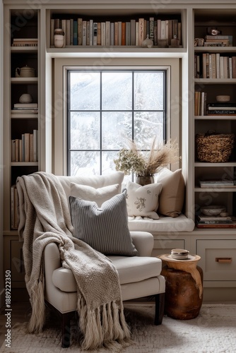 Scandinavian reading nook with built-in shelves, wool throw over armchair, snow outside window. Neutral textures, wood, and light create a peaceful winter retreat.