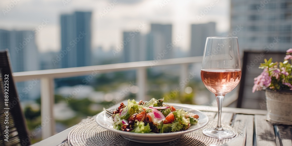 Fototapeta premium Light lunch on sunlit balcony table: salad and glass of rose, distant city skyline softened by spring haze. A moment of quiet refreshment with urban charm.