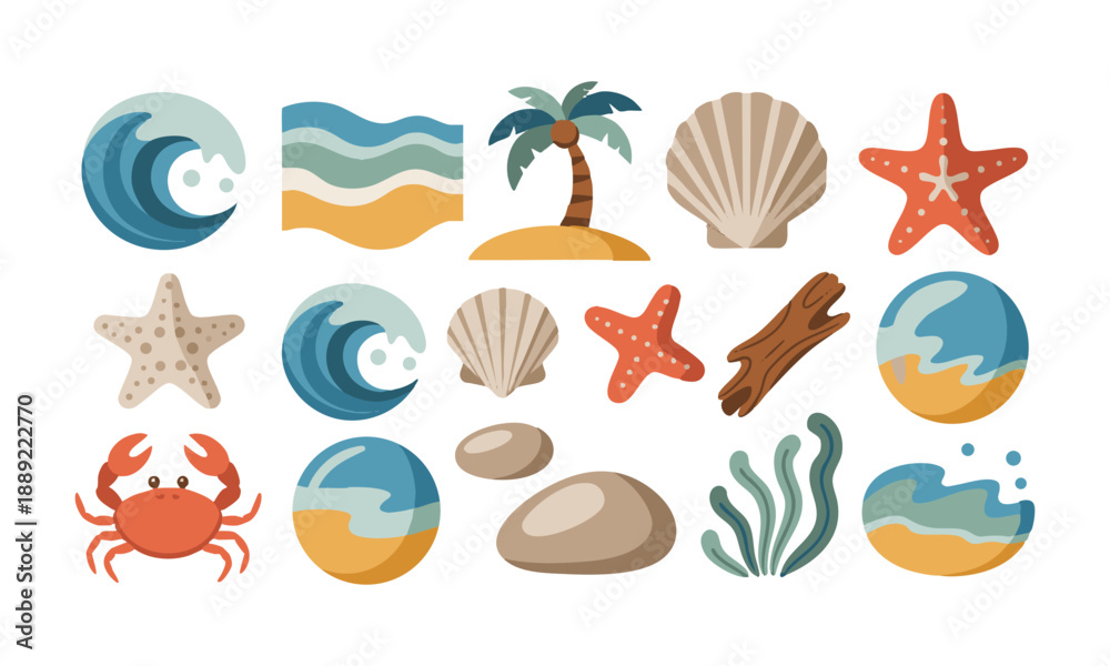 Fototapeta premium Beach And Sea Objects Minimal Flat Vector Set , easily editable