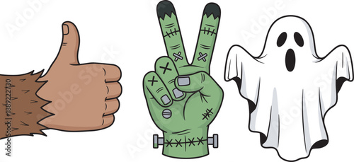 Halloween illustration of werewolf hand thumbs‑up, Frankenstein hand peace sign, and ghost figure, playful spooky design representing seasonal celebration and monster theme