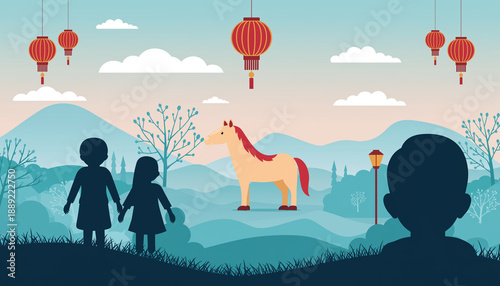 Children Observing a Majestic Horse in a Scenic Landscape with Traditional Lanterns Under a Dreamy Sky