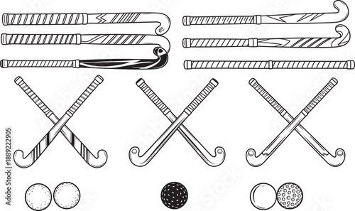 Illustration of field hockey sticks and balls with varied designs, crossed pairs, sports equipment concept, athletic gear diversity, and team game representation