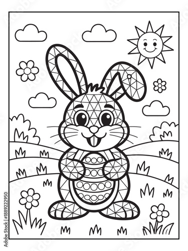 Happy Easter! Black and white coloring pages for teens, adults, and kids featuring Easter elements polygonal, hexagonal, diamond, style.