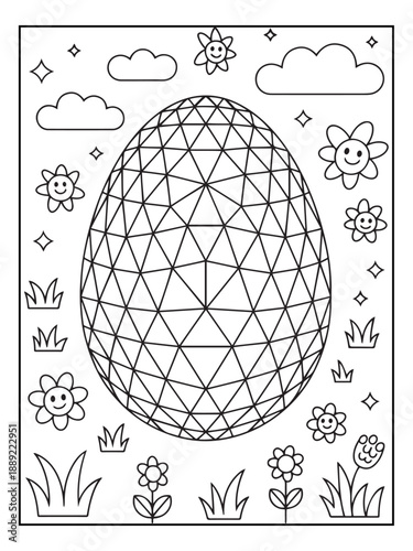 Happy Easter! Black and white coloring pages for teens, adults, and kids featuring Easter elements polygonal, hexagonal, diamond, style.