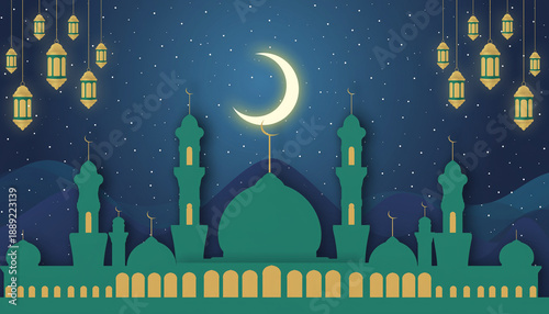Moonlit mosque silhouette at night with decorative lanterns, embodying spiritual serenity and festive ambiance for cultural celebrations