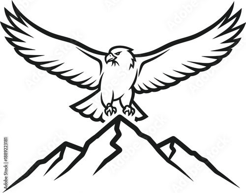 Majestic black and white illustration of a fierce eagle with widespread wings descending upon the sharp peak of a stylized mountain range in a powerful emblem design.