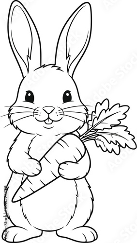 Adorable line art coloring page featuring a happy cartoon bunny holding a large, freshly harvested carrot in its paws against a stark white background perfect for children activities.