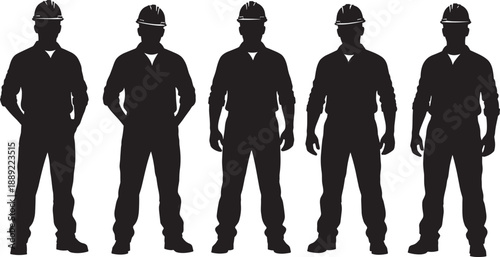 Silhouettes of construction workers wearing hard hats and uniforms, standing together, representing teamwork, force, industrial occupation, safety, and workforce illustration for co