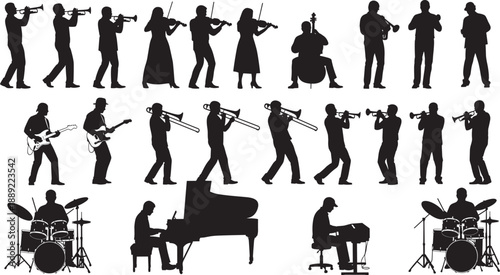 Silhouettes of diverse musicians performing with classical and modern instruments including piano, drums, guitar, trumpet, and violin in artistic ensemble formation