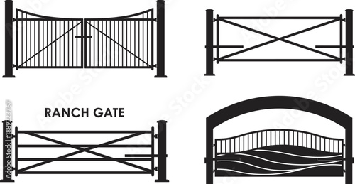 Silhouettes of four decorative gates with vertical bars, crisscross ranch design, and ornamental curved styles, illustration representing architecture, landscaping, and entrance concept