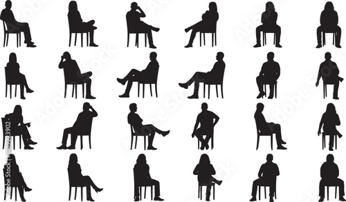 Silhouettes of seated human figures in varied postures, arranged in grid format, ergonomic study, body language illustration, and design reference for seating positions