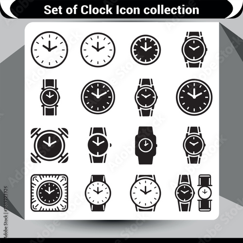 Comprehensive Set of Clock Icons: Featuring Analog Watches, Alarm Clocks, and Time Dials in Outline and Solid Styles