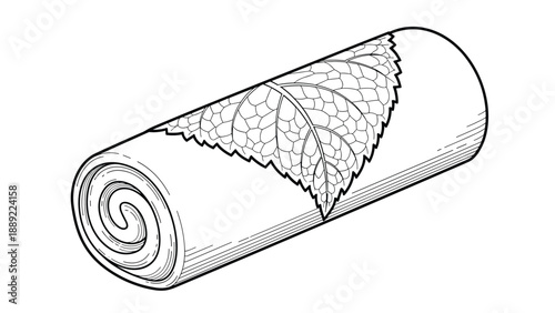 Japanese sweets roll or sushi roll wrapped in a detailed textured leaf is depicted in a fine black and white line art drawing style.