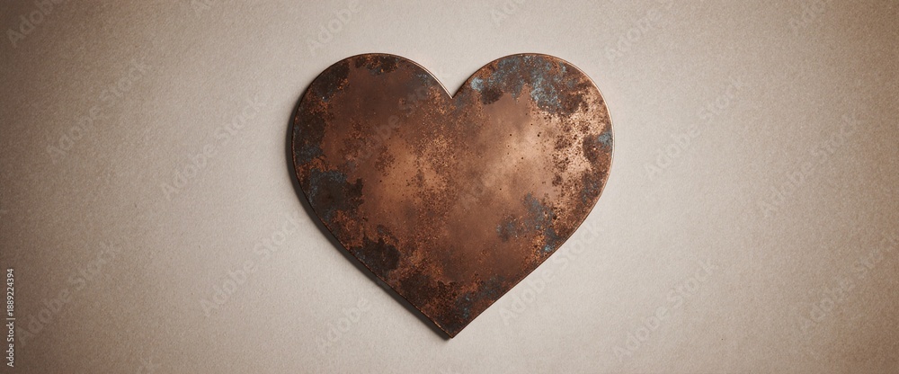 Obraz premium Metallic copper heart with weathered patina texture isolated on neutral background for romantic design projects and Valentine decorations