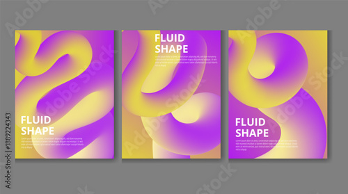 Abstract creative design template set featuring vibrant three dimensional fluid shapes with purple and yellow gradient colors