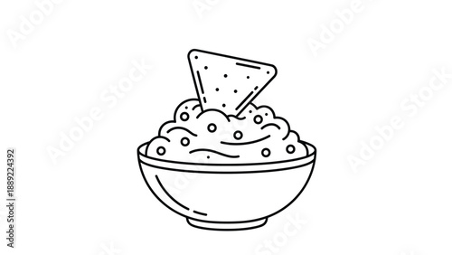Simple black and white line art drawing of a bowl filled with chunky guacamole and a single corn tortilla chip dipping into it.