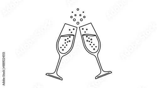Pair of champagne glasses clinking together in a toast with festive bubbles rising between them in a minimalist line art style.
