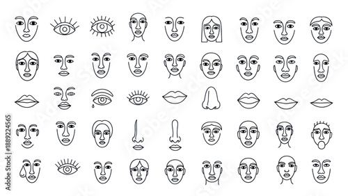 Abstract Faces and Eyes Line Art Collection: Minimalist Human Features Vector Icon Set