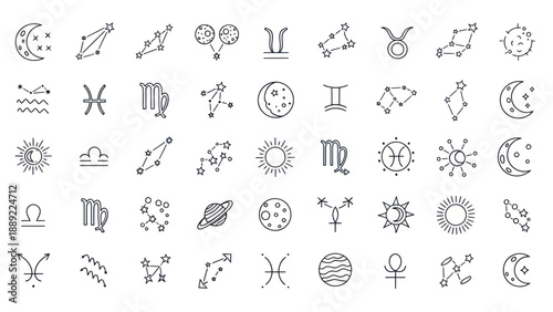 Astrology Icons Set: Zodiac Signs, Planets, Moon, Sun, Constellations - Hand Drawn Style