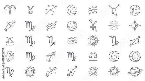 Astrology Symbols and Constellations Icon Set - Zodiac Signs, Sun, Moon, Stars