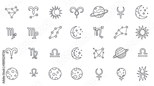 Astrology Zodiac Signs and Celestial Bodies Icon Set, Cosmic Symbols and Constellations