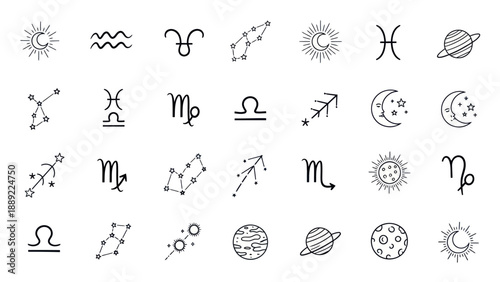 Astrology Zodiac Signs Constellations Celestial Bodies Icons Set