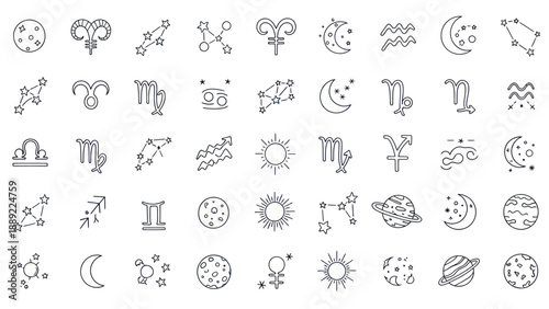Astrology Zodiac Signs Icons Collection: Sun, Moon, Planets, Constellations, Aries, Taurus