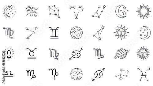 Astrology Zodiac Signs Constellations Moon Sun Planets Icons Set